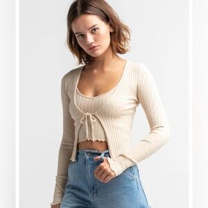NWT SKY AND SPARROW Tie Front Womens Tan Pointelle Cardigan and Cami.